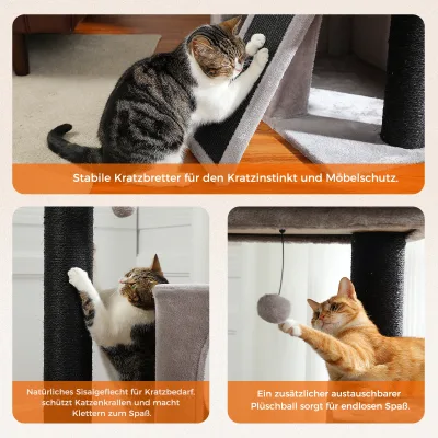 Arbre à chat gris en bois, 4 niveaux, 114 cm – image 3