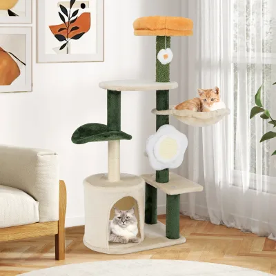 Arbre à chat vert et beige, grotte et hamac – image 2