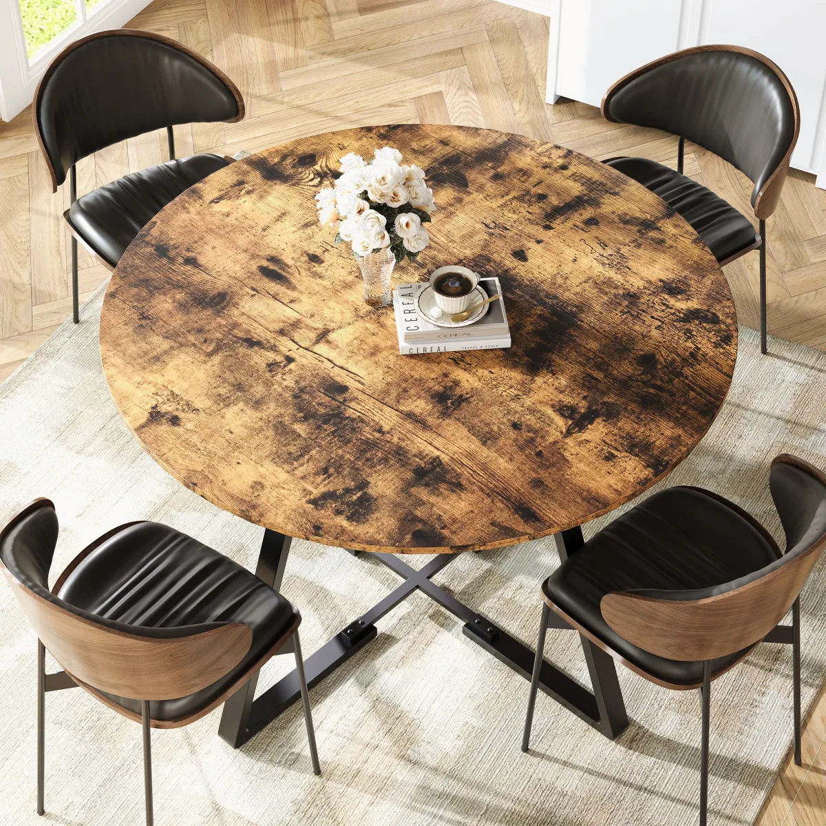 Table à manger ronde 120 cm en bois et métal