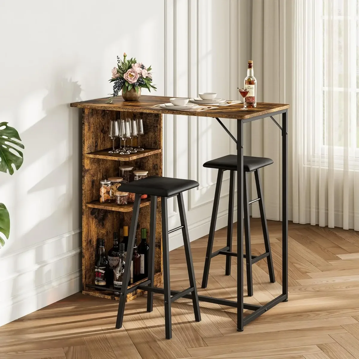 Table de bar et 2 tabourets, métal et MDF